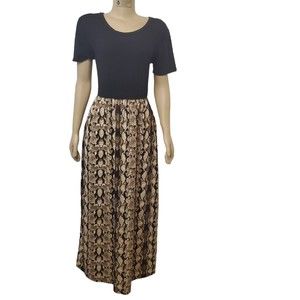 Auselily Women's Dress Size Large Maxi Black Brown Animal Print Short Sleeve